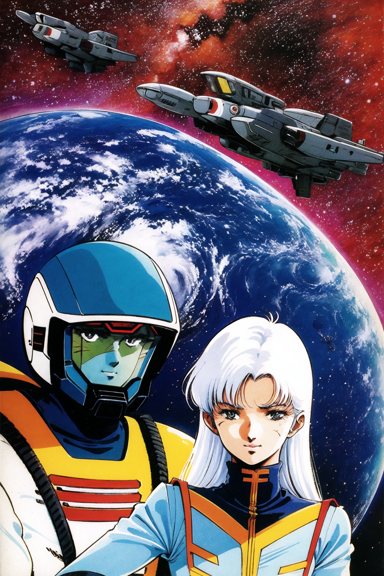 05155-667626308-1girl, planet, retro artstyle, science fiction, space, scar, spacecraft, pilot suit, mecha, robot, spacesuit, white hair, alien,.png